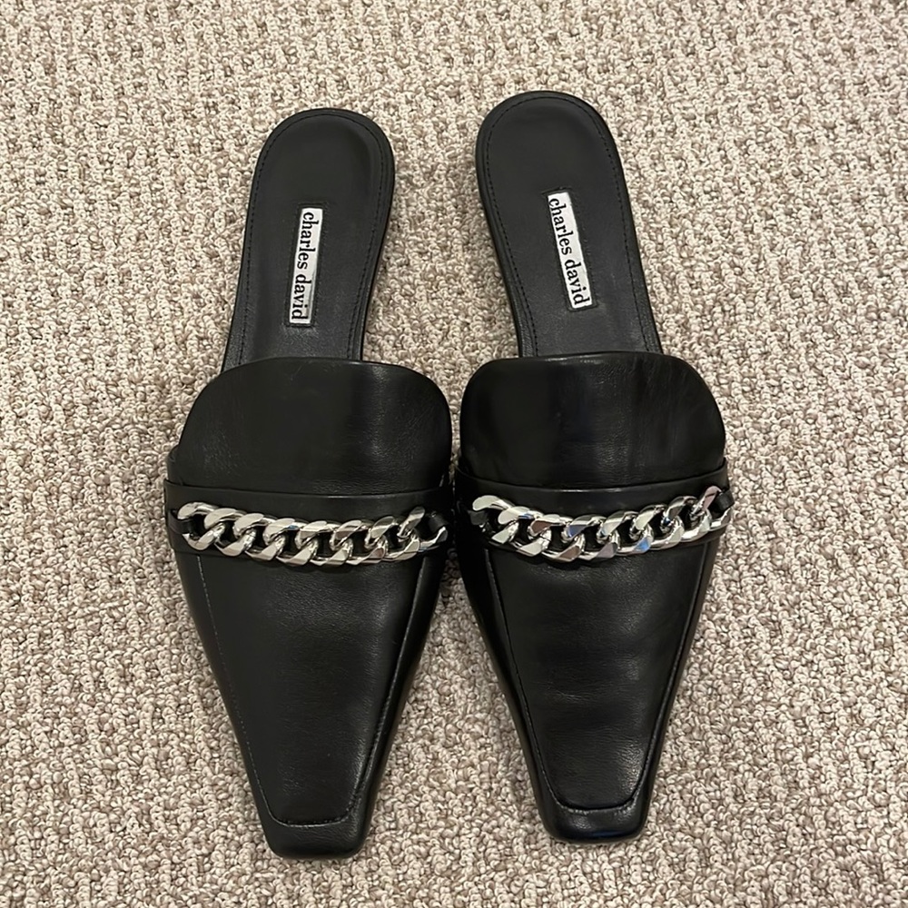 Charles David flat mules black, size 10